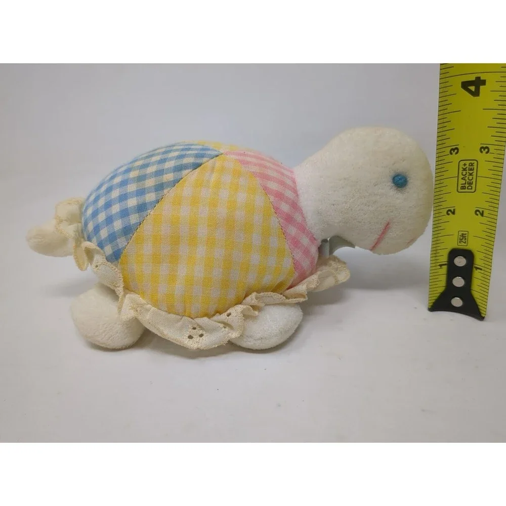 Eden Toys Plaid Pastel Turtle Tortoise‎ Rattle Plush Lace VTG 60s 70s 80s